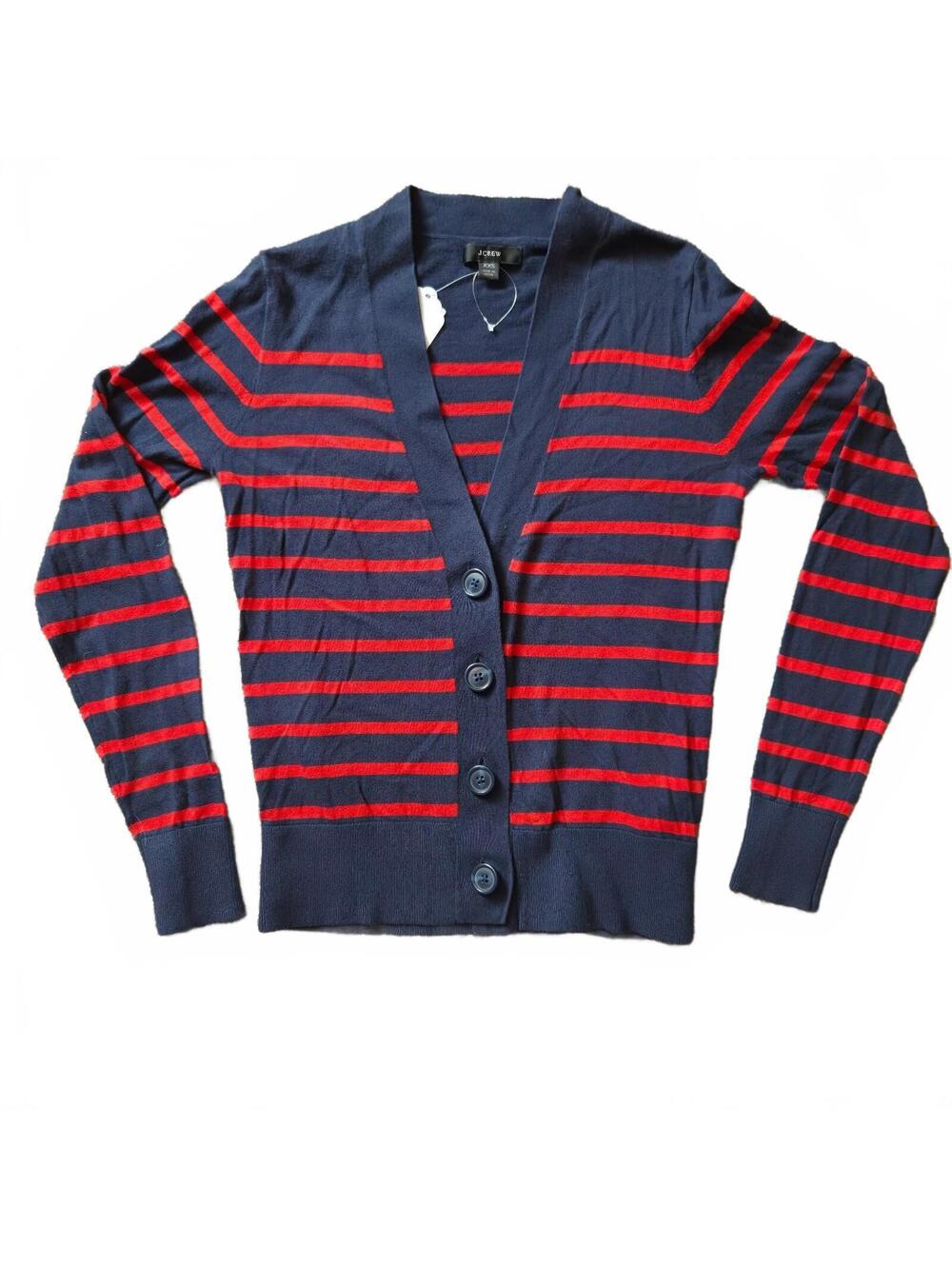 J.CREW Women's XXS Navy Blue and Red Striped Button-Up Cardigan Sweater